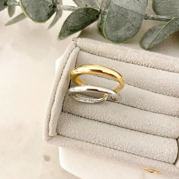 925 Sterling Silver & Gold Two Tone Layer Ring Minimalist Chunky Thick Ring - Picture 4 of 6